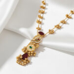 Kashmiri Heritage | Traditional Kashmiri Gold-Plated Long Necklace Set with Red and Green Stones, White Pearls, and Ghungroo Bead Drops for Women and Girls - Image 5