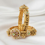 Heritage Kadas | Gold-Plated Antique Kada Bangle Set with Kundan, Ruby & Emerald Accents and Ghungroo Drops – Traditional Ethnic Jewelry for Women
