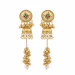 Antique Gold Long Jhumka Earrings with Pearl Clusters and Ghungroo Drops - Image 3