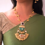 Kashmiri Antique Traditional Gold-Plated Long Necklace Set with Mint Green Stones & Golden Ghungroo Beads - Image 3