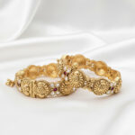 Temple Kadas | Gold-Plated Temple Bangles with Kemp Stones and Floral Nakshi Work – Set of 2 (Openable)