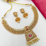 Ethnic Choker | Traditional Golden Antique Choker Necklace Set with Jhumka Earrings – Ethnic Kundan & Ruby-Red Stone Studded Bridal Jewellery for Women - Image 5