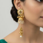 Antique Gold Long Jhumka Earrings with Pearl Clusters and Ghungroo Drops