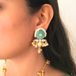 Kashmiri Antique Traditional Gold-Plated Long Necklace Set with Mint Green Stones & Golden Ghungroo Beads - Image 4