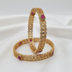 Ruby Kadas | Premium Gold Plated Ruby & White Stone Studded Kada Bangles for Women – Set of 2 Traditional Square-Cut Zirconia Ethnic Bangles