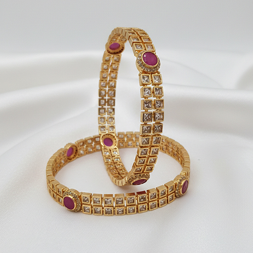 3 Ruby Kadas | Premium Gold Plated Ruby & White Stone Studded Kada Bangles for Women – Set of 2 Traditional Square-Cut Zirconia Ethnic Bangles - Image 1