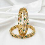 Emerald Elegance | Gold-Plated Traditional Emerald Green and White Stone Studded Bangle Set, Pack of 4 (Ethnic Wear)