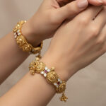 Temple Kadas | Gold-Plated Temple Bangles with Kemp Stones and Floral Nakshi Work – Set of 2 (Openable) - Image 2