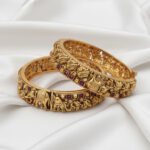 Temple Bangles | Traditional Antique Gold-Plated Temple Bangles with Intricate Elephant Nakshi Work and Ruby Red Stones – Set of 2