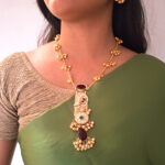 Kashmiri Heritage | Traditional Kashmiri Gold-Plated Long Necklace Set with Red and Green Stones, White Pearls, and Ghungroo Bead Drops for Women and Girls - Image 3