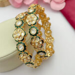 Kundan Kangan | Gold-Plated Traditional Kundan & Green Meenakari Floral Bangles (Set of 2) – Ethnic Wedding Jewelry for Women - Image 5