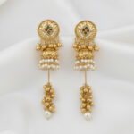 Antique Gold Long Jhumka Earrings with Pearl Clusters and Ghungroo Drops - Image 2