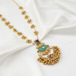 Kashmiri Antique Traditional Gold-Plated Long Necklace Set with Mint Green Stones & Golden Ghungroo Beads - Image 5