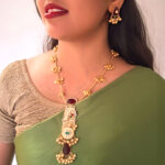 Kashmiri Heritage | Traditional Kashmiri Gold-Plated Long Necklace Set with Red and Green Stones, White Pearls, and Ghungroo Bead Drops for Women and Girls - Image 2