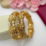 Temple Kadas | Gold-Plated Temple Bangles with Kemp Stones and Floral Nakshi Work – Set of 2 (Openable) - Image 3