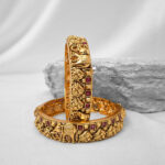 Temple Bangles | Traditional Antique Gold-Plated Temple Bangles with Intricate Elephant Nakshi Work and Ruby Red Stones – Set of 2 - Image 3