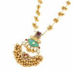 Kashmiri Antique Traditional Gold-Plated Long Necklace Set with Mint Green Stones & Golden Ghungroo Beads - Image 7