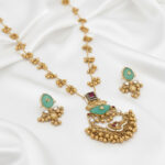 Kashmiri Antique Traditional Gold-Plated Long Necklace Set with Mint Green Stones & Golden Ghungroo Beads