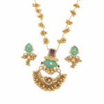 Kashmiri Antique Traditional Gold-Plated Long Necklace Set with Mint Green Stones & Golden Ghungroo Beads - Image 8
