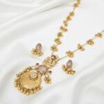 Kashmir Royale | Royal Kashmiri Heritage Jewelry Set: Intricate Kundan & Pink Stone Long Chain Necklace with Hanging Ghungroos