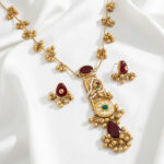 Kashmiri Heritage | Traditional Kashmiri Gold-Plated Long Necklace Set with Red and Green Stones, White Pearls, and Ghungroo Bead Drops for Women and Girls