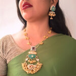 Kashmiri Antique Traditional Gold-Plated Long Necklace Set with Mint Green Stones & Golden Ghungroo Beads - Image 2