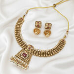 Ethnic Choker | Traditional Golden Antique Choker Necklace Set with Jhumka Earrings – Ethnic Kundan & Ruby-Red Stone Studded Bridal Jewellery for Women