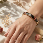 Black Floral Enamel Gold-Tone Bangle Bracelet for Women - Image 2