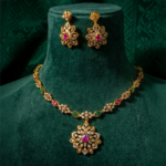 Elegant Floral GoldenNecklace Set with Ruby & Emerald Stones | Designer Bridal Jewelry Set with Matching Earrings for Women - Image 5
