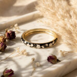 Black Floral Enamel Gold-Tone Bangle Bracelet for Women