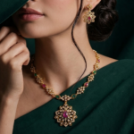 Elegant Floral GoldenNecklace Set with Ruby & Emerald Stones | Designer Bridal Jewelry Set with Matching Earrings for Women