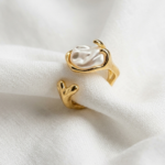 Ocean’s Treasure Baroque Open Ring – Sculptural Liquid-Gold Band with Natural Irregular Pearl, Handcrafted Designer Jewelry
